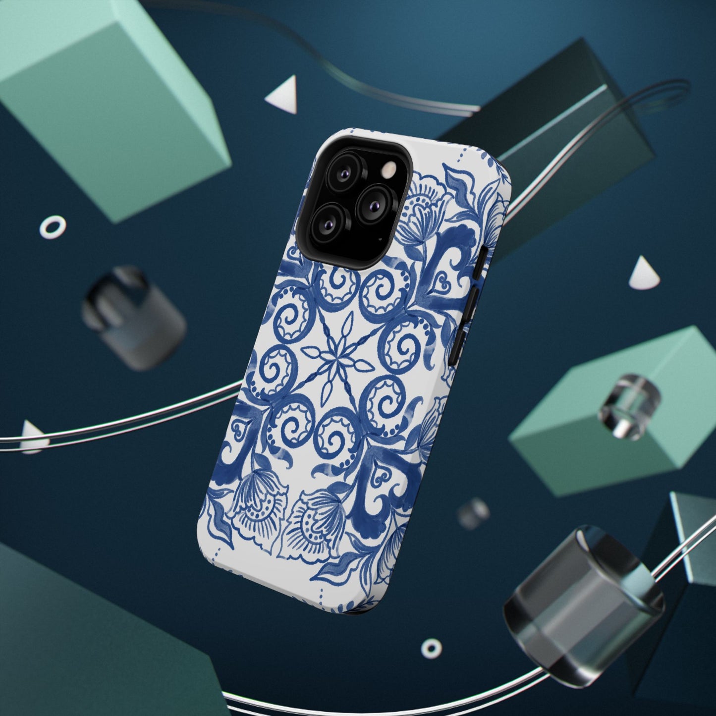 Blue Vintage Floral Impact-Resistant Phone Case