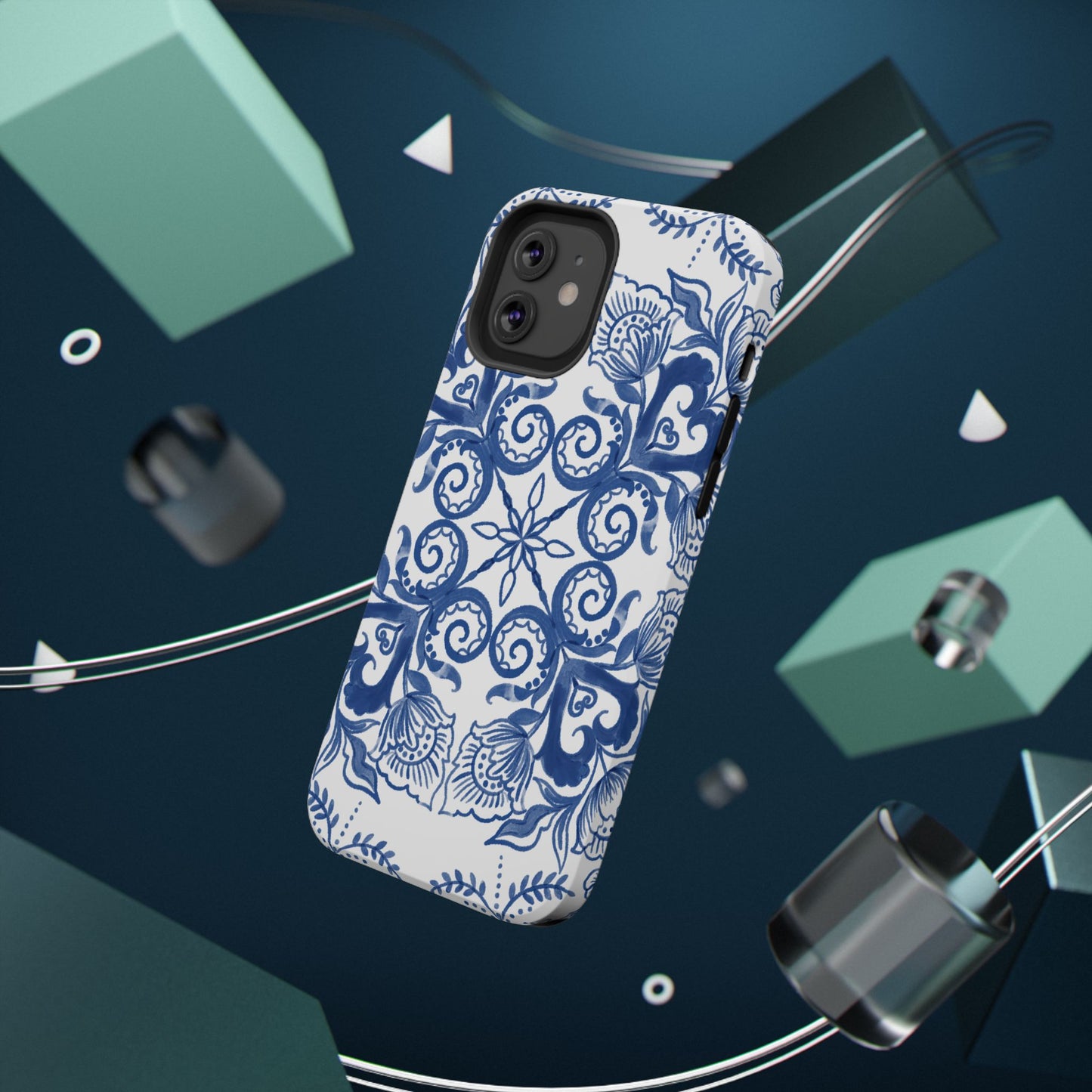 Blue Vintage Floral Impact-Resistant Phone Case