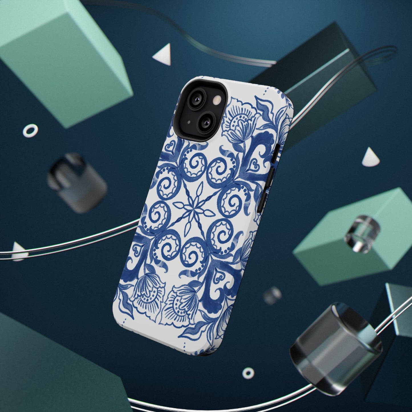 Blue Vintage Floral Impact-Resistant Phone Case