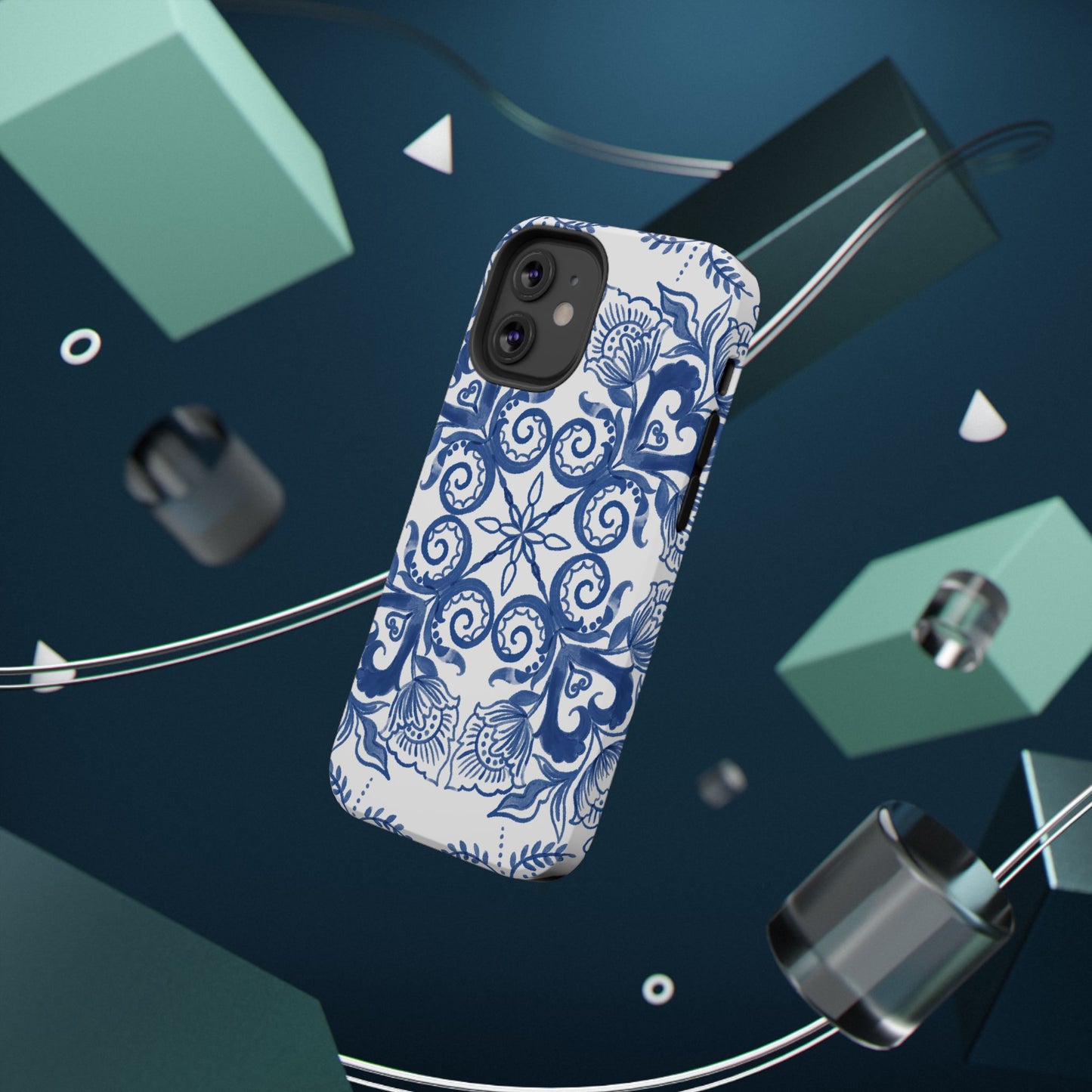 Blue Vintage Floral Impact-Resistant Phone Case