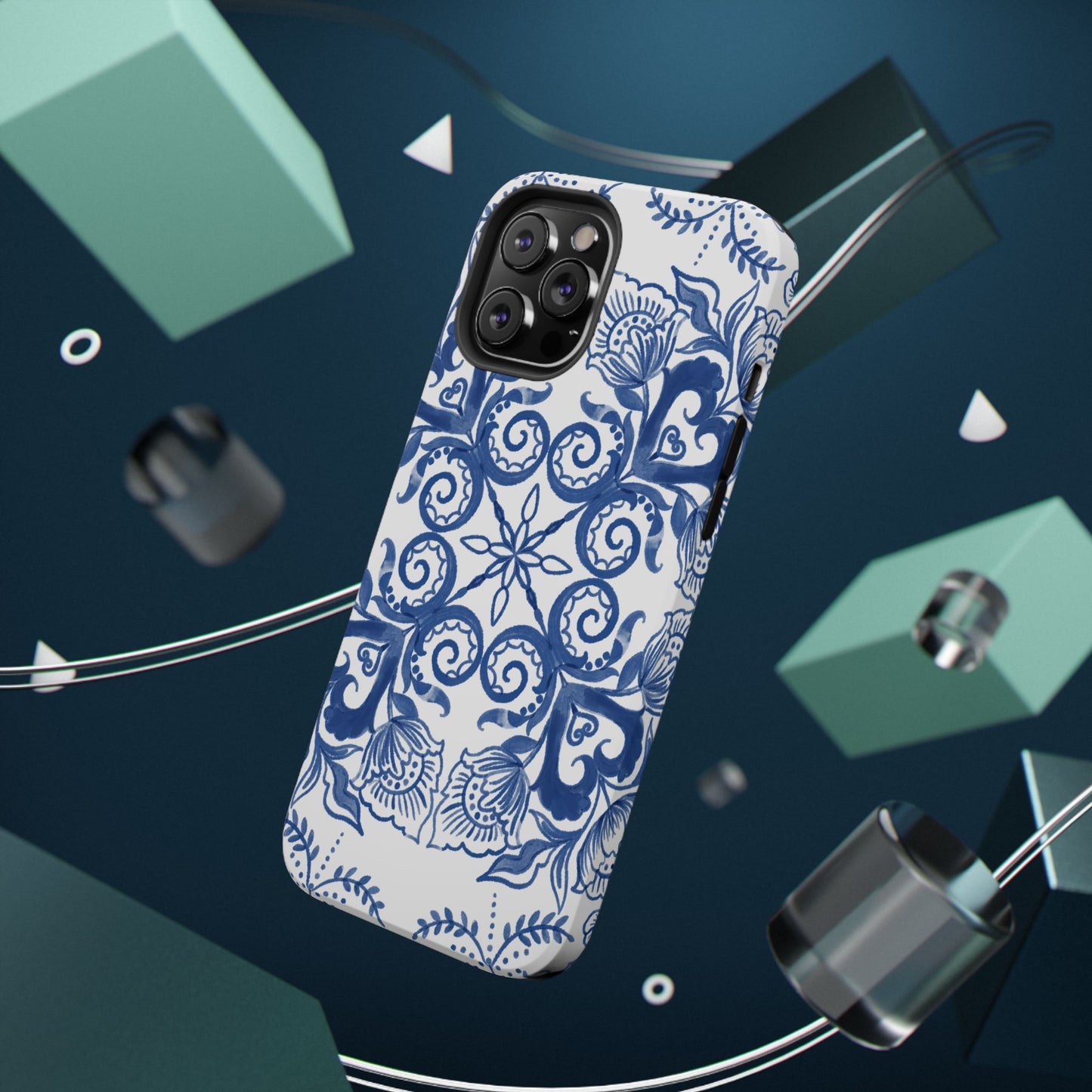 Blue Vintage Floral Impact-Resistant Phone Case