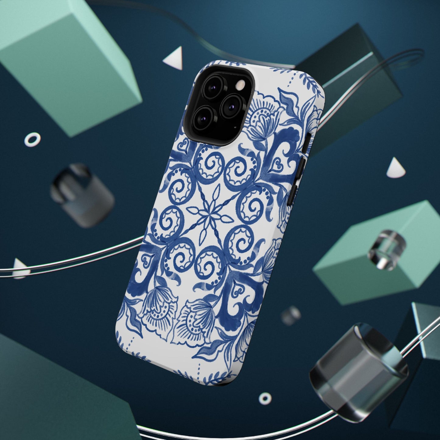 Blue Vintage Floral Impact-Resistant Phone Case