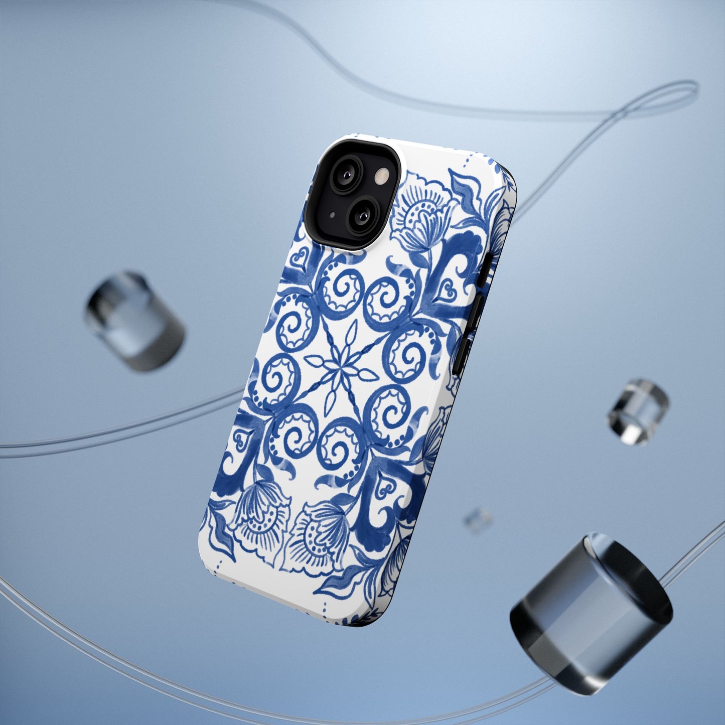 Blue Vintage Floral Impact-Resistant Phone Case